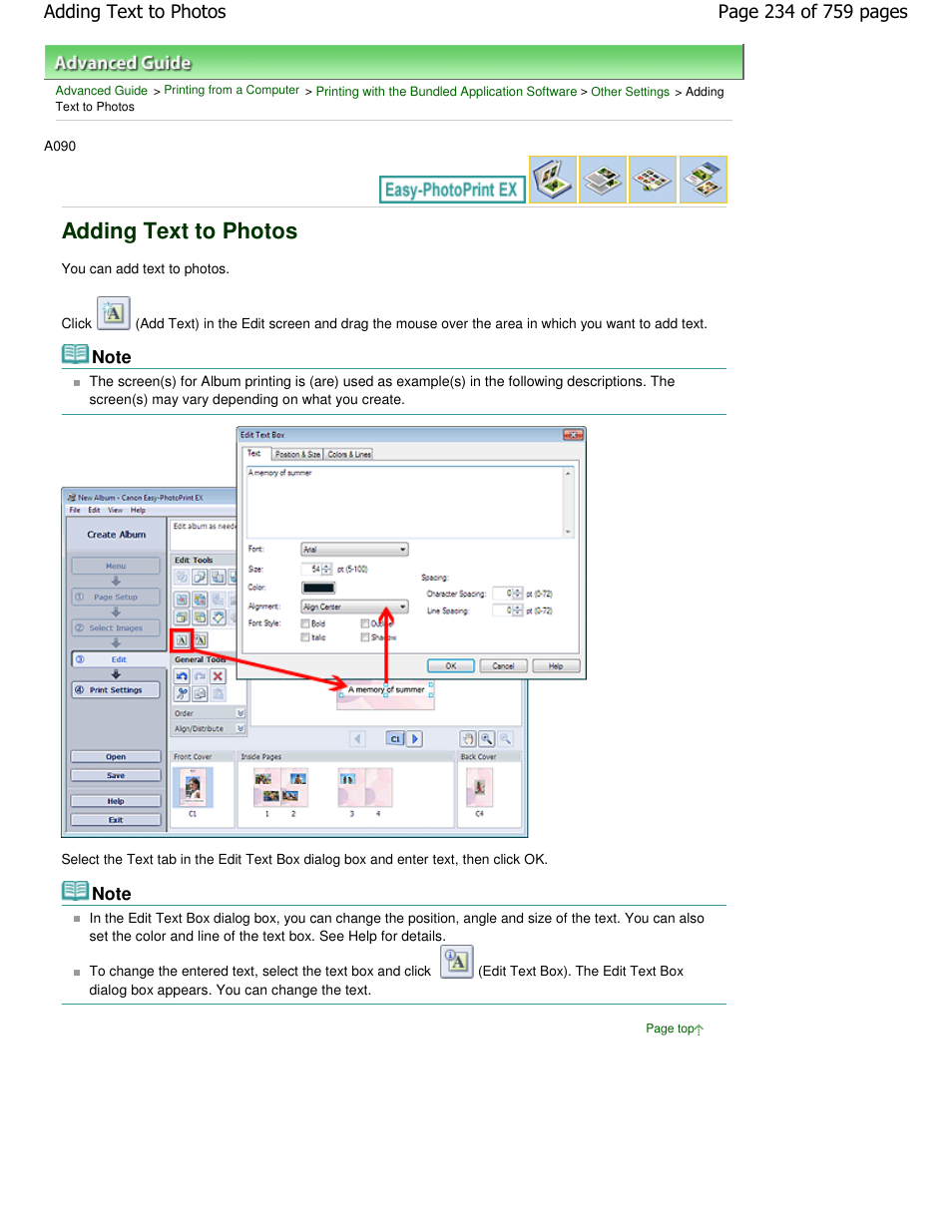 Adding text to photos | Canon mp495 User Manual | Page 234 / 759