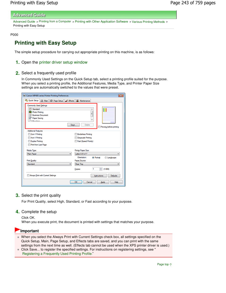 Printing with easy setup | Canon mp495 User Manual | Page 243 / 759