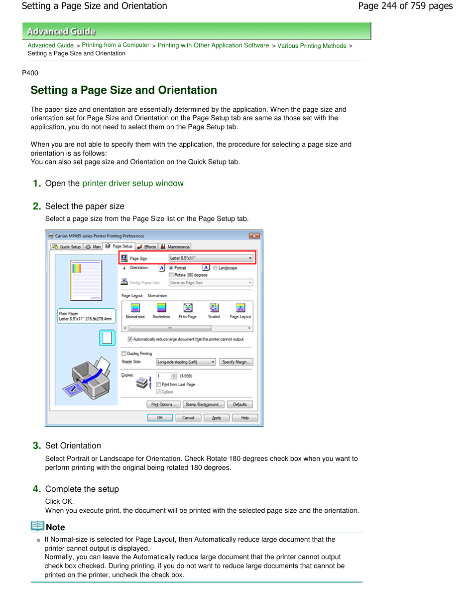 Setting a page size and orientation | Canon mp495 User Manual | Page 244 / 759