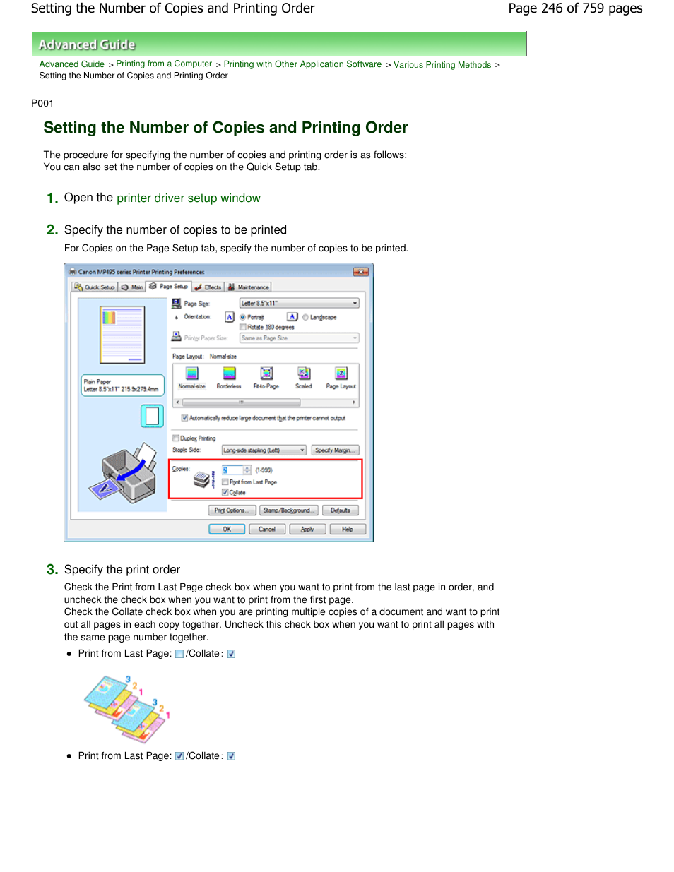 Setting the number of copies and printing order | Canon mp495 User Manual | Page 246 / 759