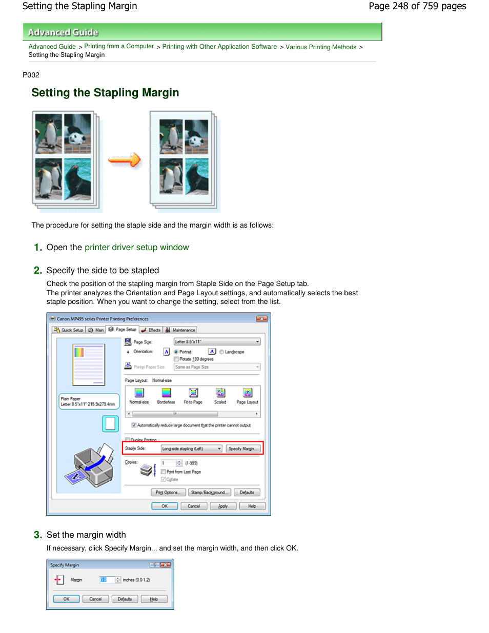 Setting the stapling margin | Canon mp495 User Manual | Page 248 / 759