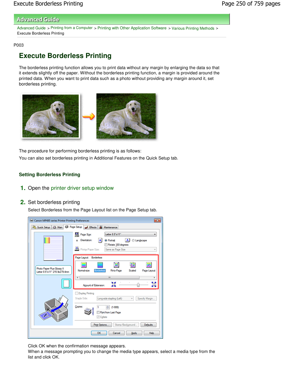 Execute borderless printing | Canon mp495 User Manual | Page 250 / 759