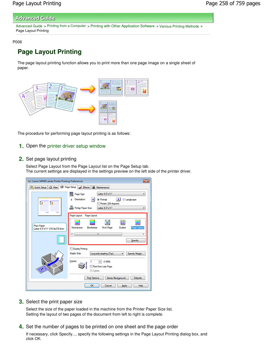 Page layout printing | Canon mp495 User Manual | Page 258 / 759