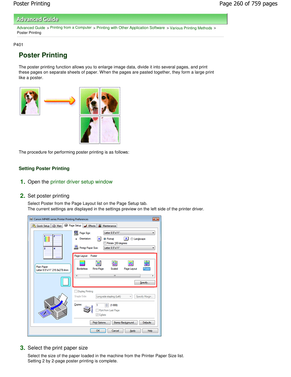 Poster printing | Canon mp495 User Manual | Page 260 / 759