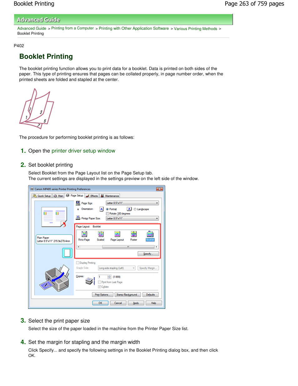 Booklet printing | Canon mp495 User Manual | Page 263 / 759