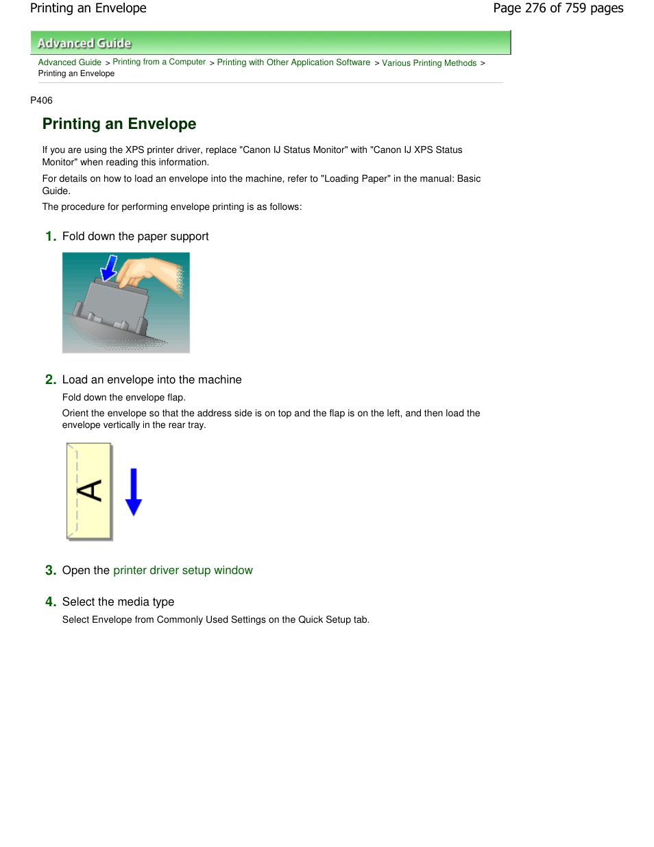 Printing an envelope | Canon mp495 User Manual | Page 276 / 759