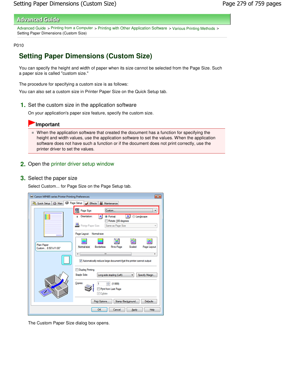 Setting paper dimensions (custom size) | Canon mp495 User Manual | Page 279 / 759