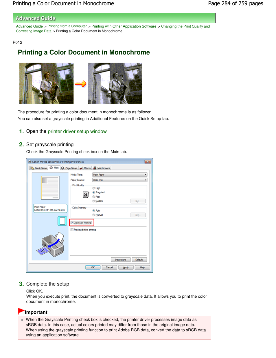 Printing a color document in monochrome | Canon mp495 User Manual | Page 284 / 759
