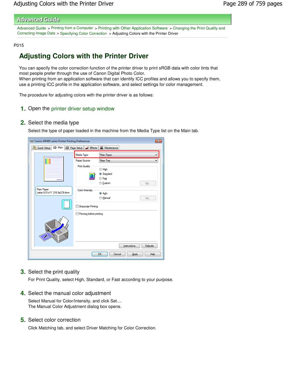 Adjusting colors with the printer driver | Canon mp495 User Manual | Page 289 / 759
