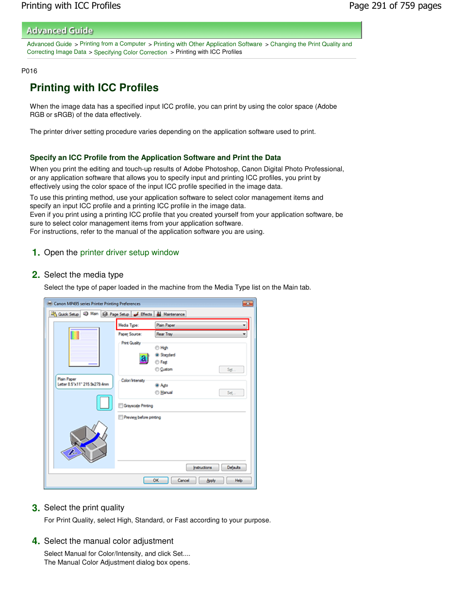 Printing with icc profiles | Canon mp495 User Manual | Page 291 / 759