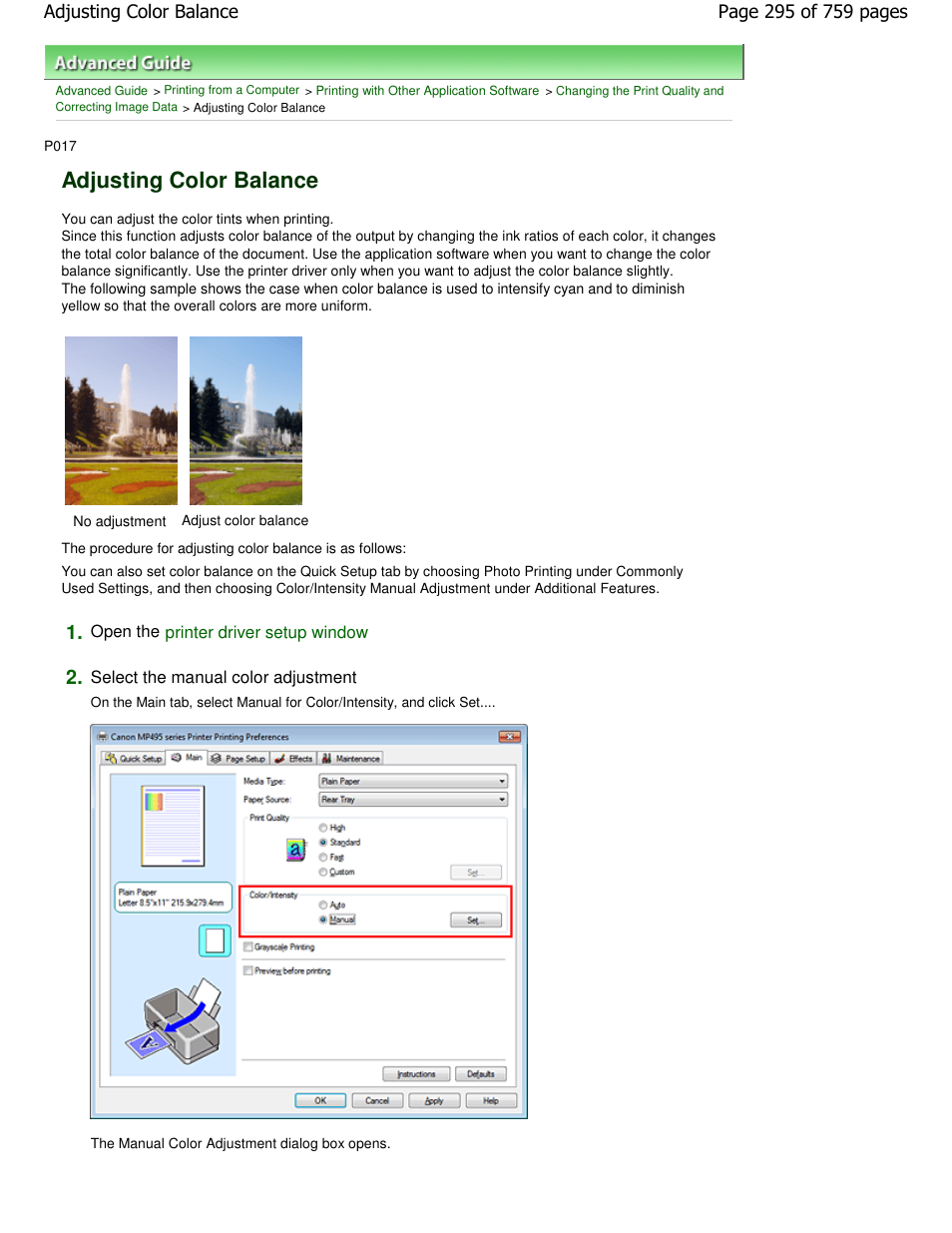 Adjusting color balance | Canon mp495 User Manual | Page 295 / 759