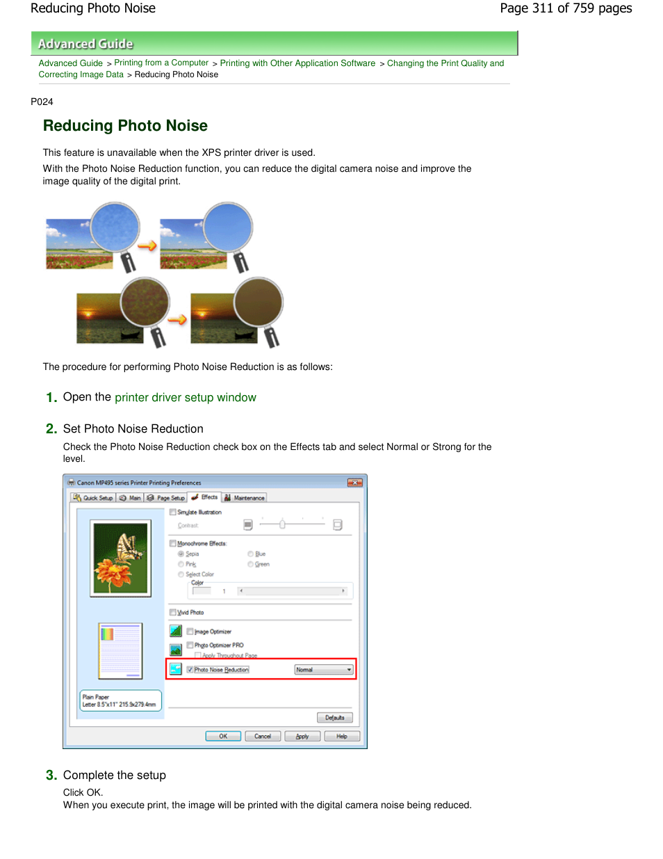 Reducing photo noise | Canon mp495 User Manual | Page 311 / 759