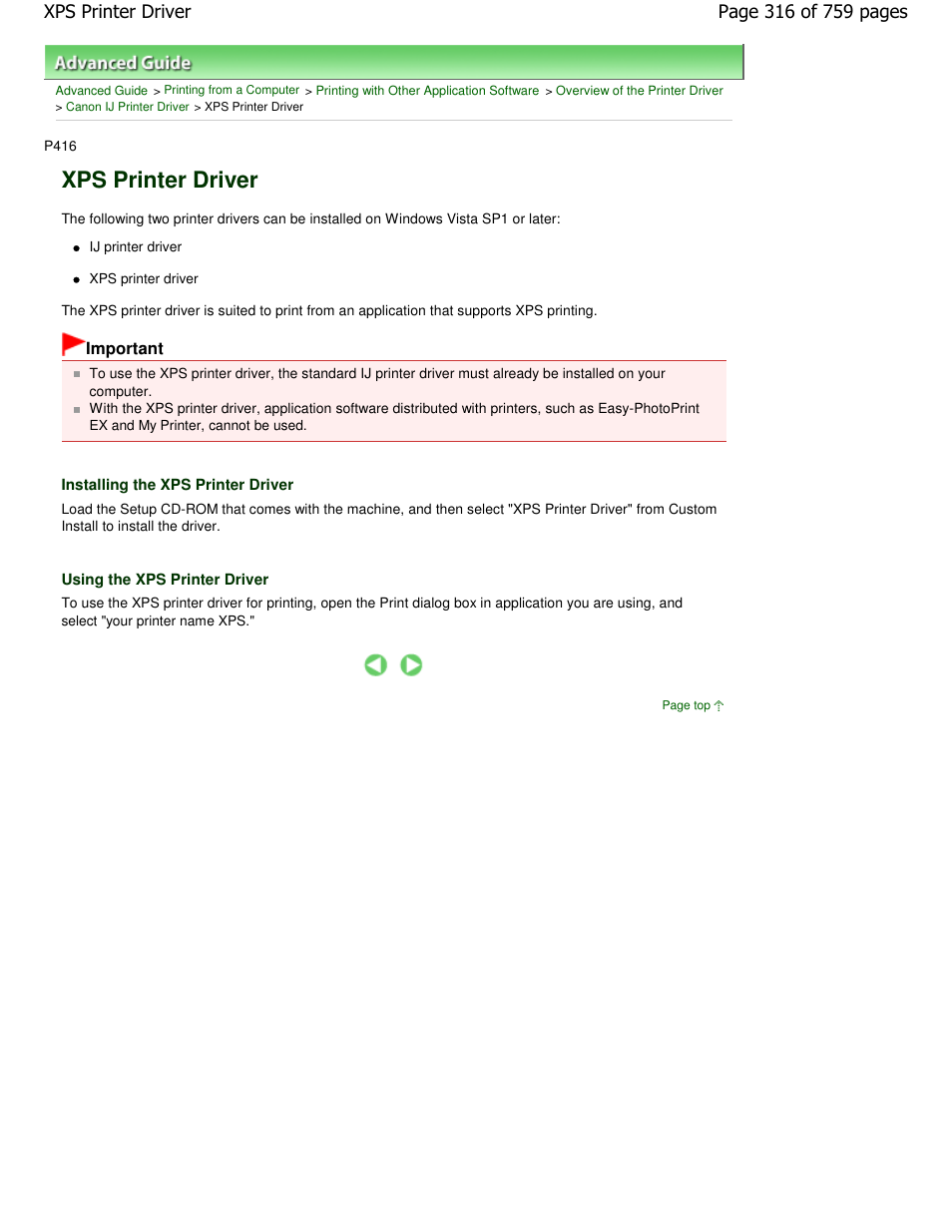 Xps printer driver | Canon mp495 User Manual | Page 316 / 759