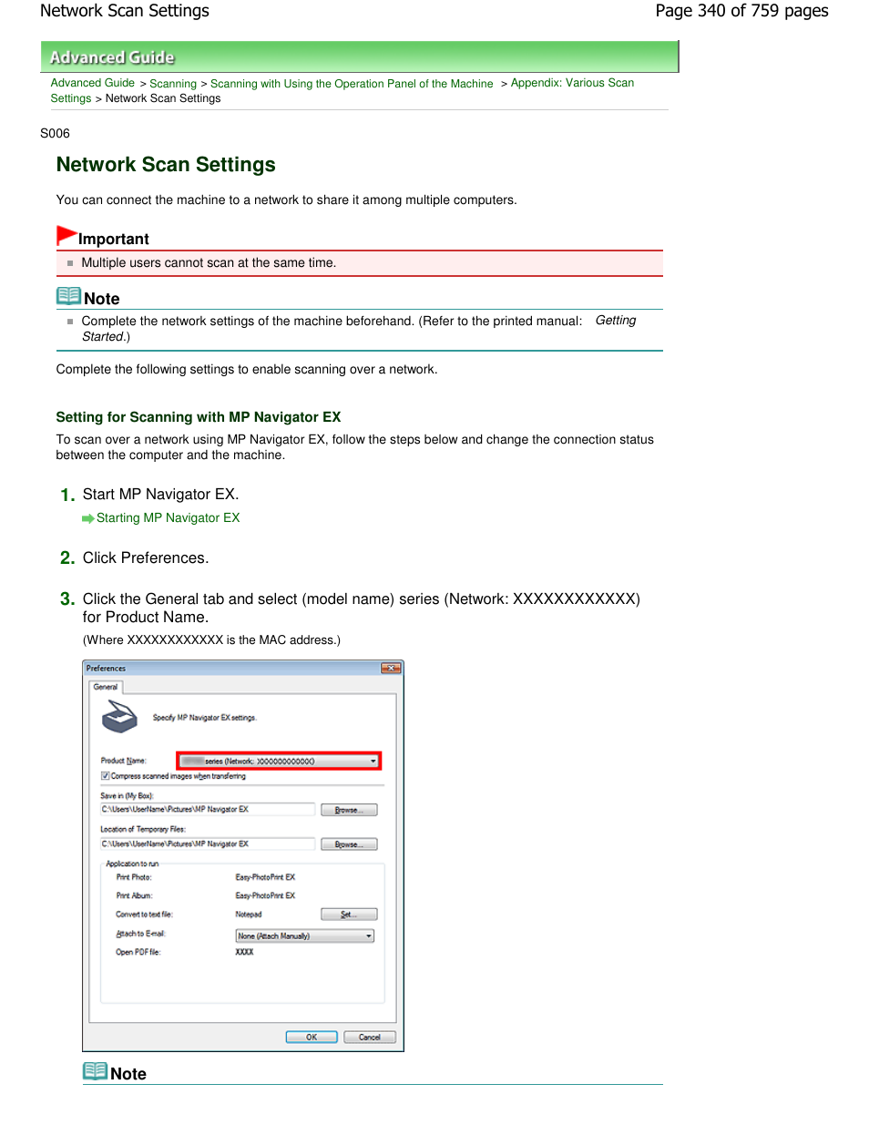 Network scan settings | Canon mp495 User Manual | Page 340 / 759