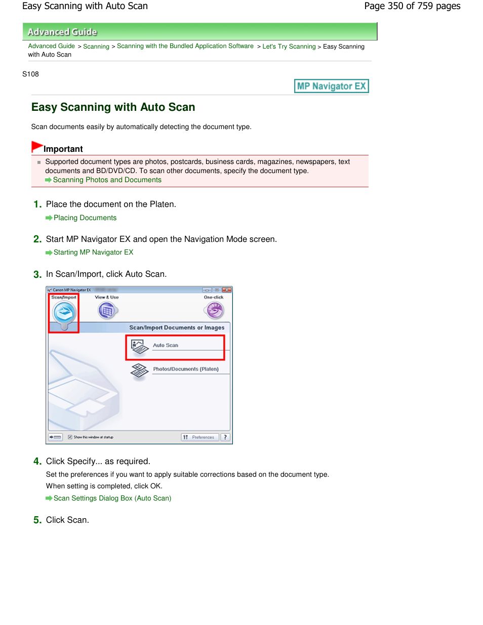 Easy scanning with auto scan | Canon mp495 User Manual | Page 350 / 759