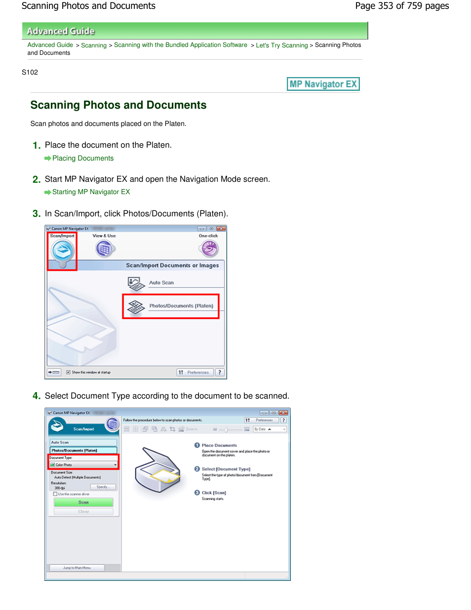 Scanning photos and documents | Canon mp495 User Manual | Page 353 / 759
