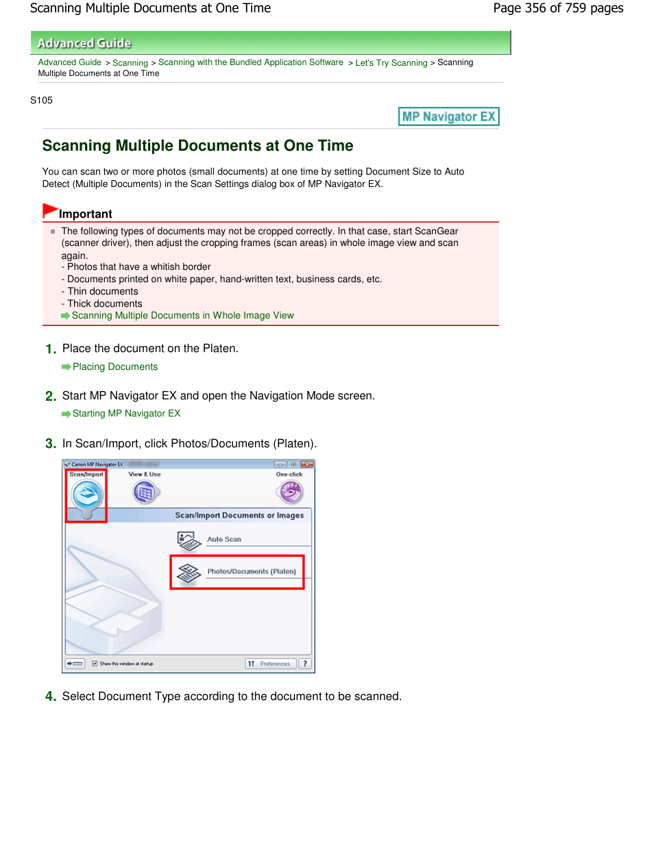 Scanning multiple documents at one time | Canon mp495 User Manual | Page 356 / 759