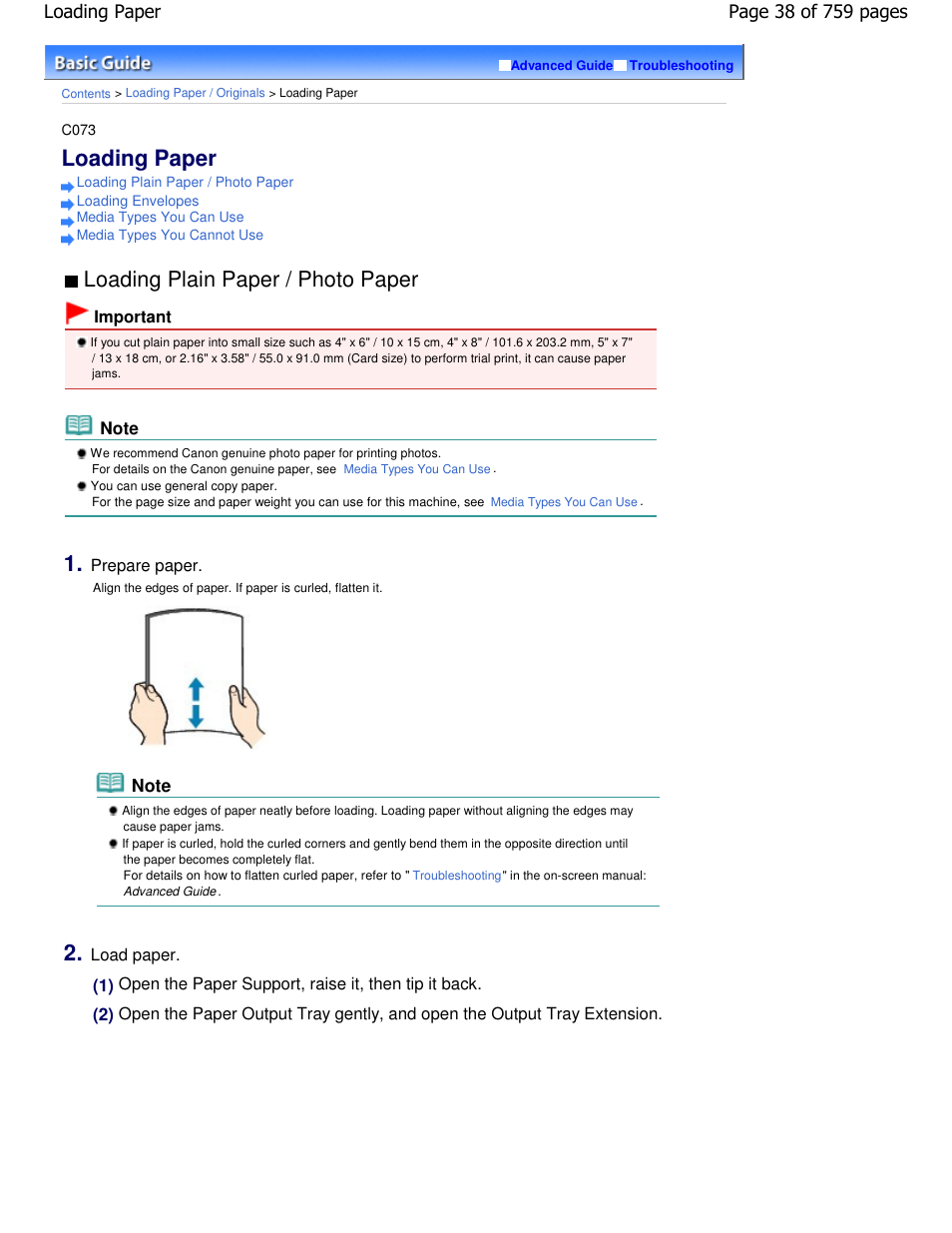 Loading paper, Loading plain paper / photo paper | Canon mp495 User Manual | Page 38 / 759