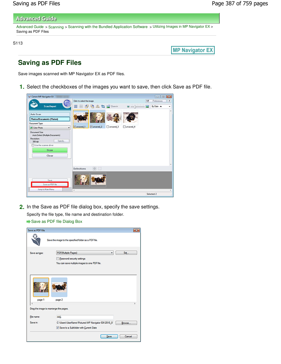 Saving as pdf files | Canon mp495 User Manual | Page 387 / 759