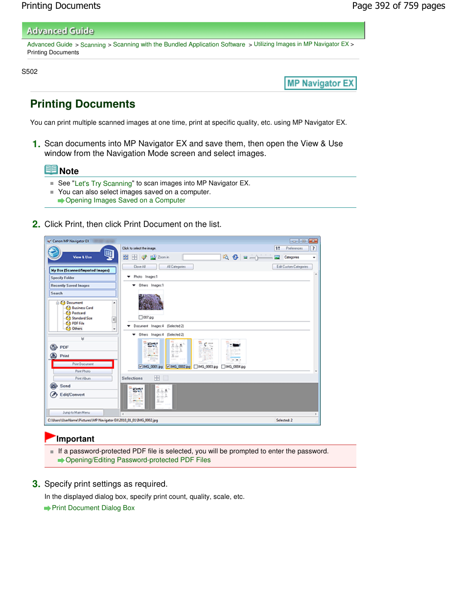 Printing documents | Canon mp495 User Manual | Page 392 / 759
