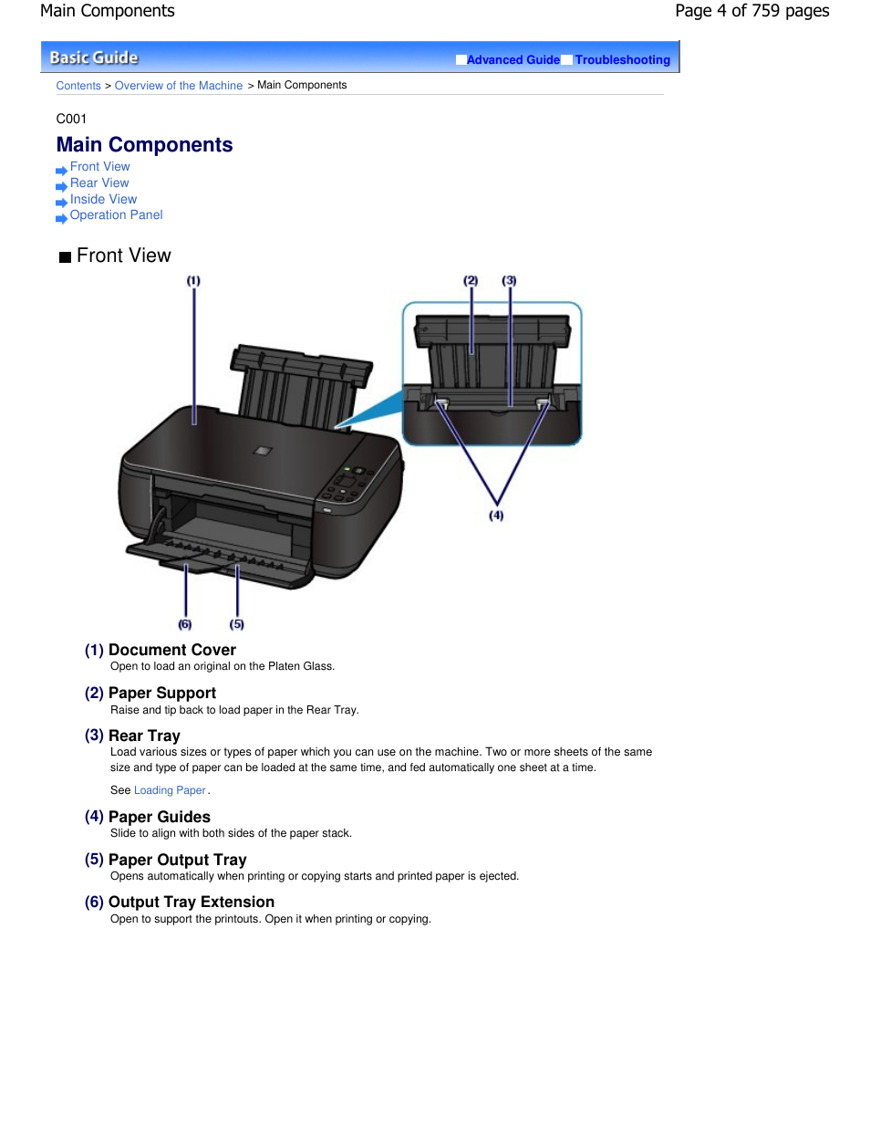 Main components, Front view | Canon mp495 User Manual | Page 4 / 759