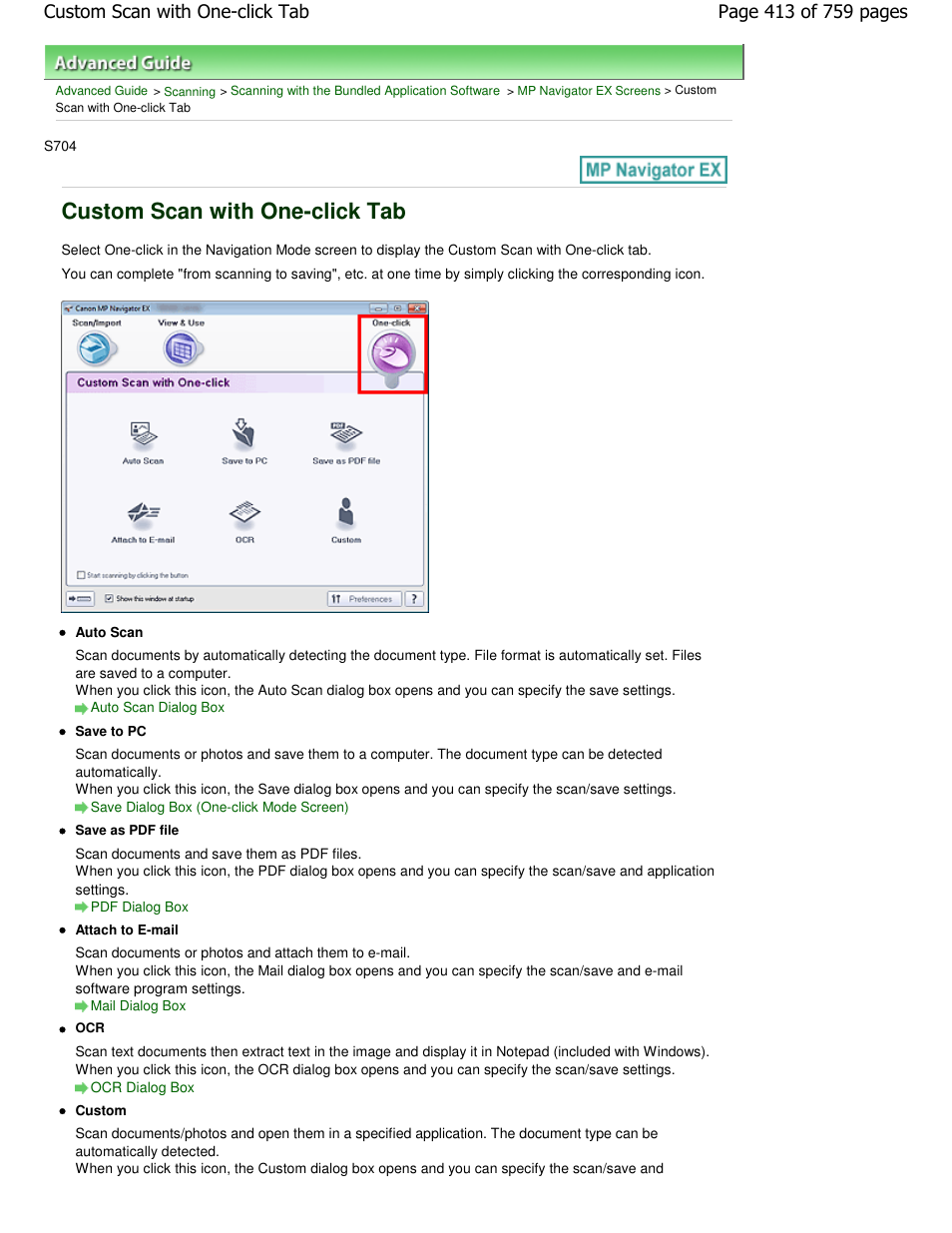 Custom scan with one-click tab | Canon mp495 User Manual | Page 413 / 759