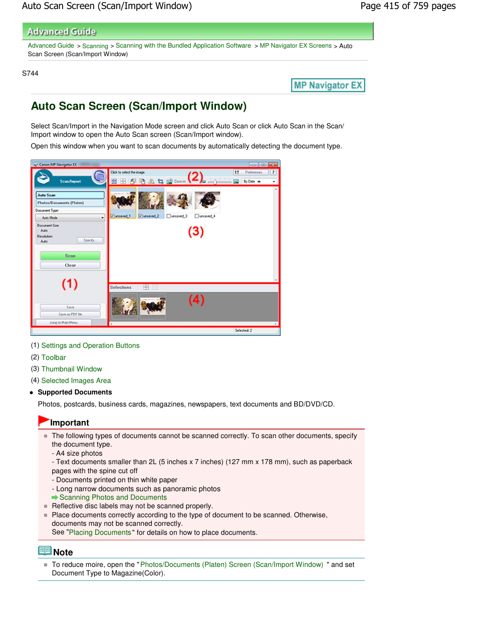 Auto scan screen (scan/import window) | Canon mp495 User Manual | Page 415 / 759