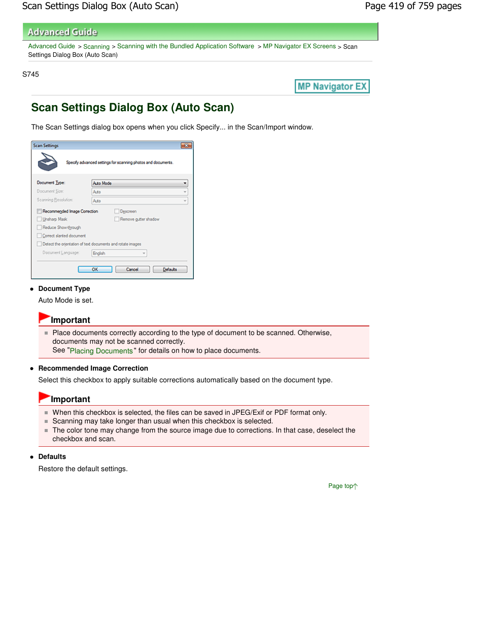 Scan settings dialog box (auto scan) | Canon mp495 User Manual | Page 419 / 759