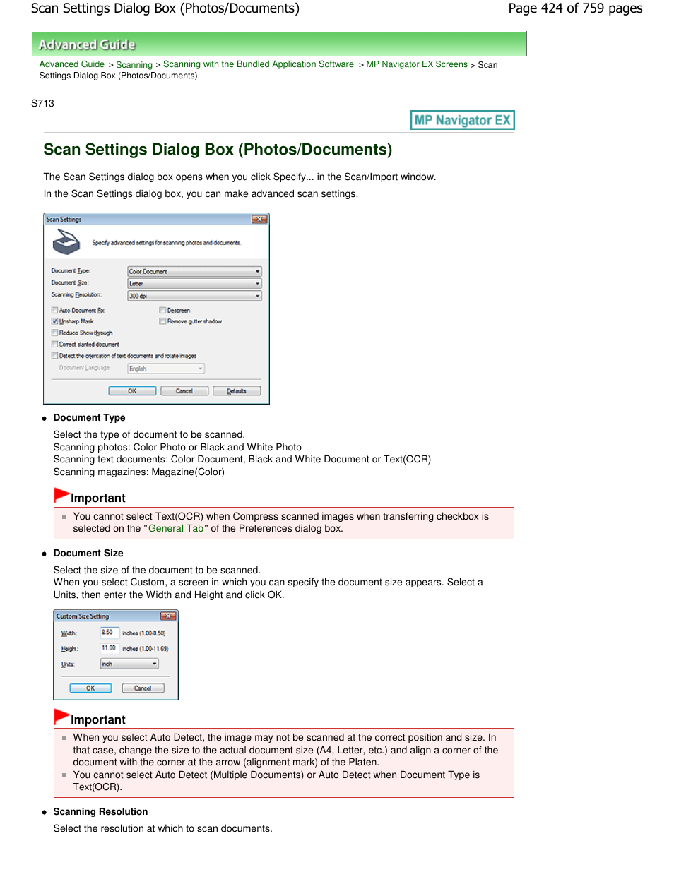 Scan settings dialog box (photos/documents) | Canon mp495 User Manual | Page 424 / 759