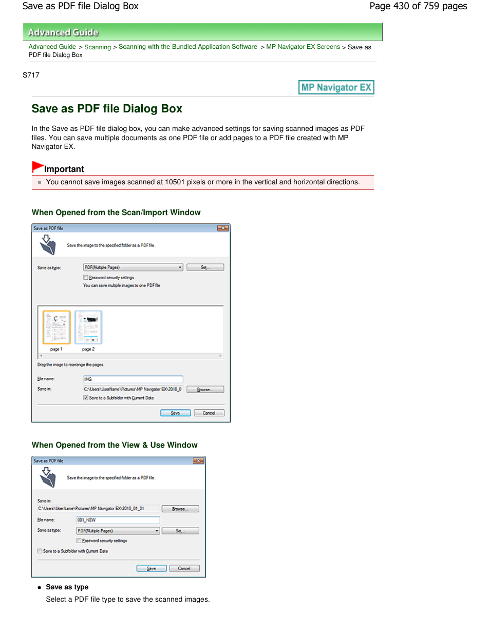 Save as pdf file dialog box | Canon mp495 User Manual | Page 430 / 759