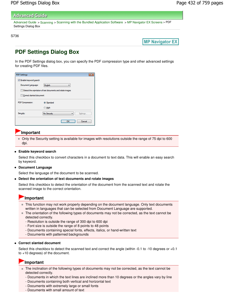 Pdf settings dialog box | Canon mp495 User Manual | Page 432 / 759
