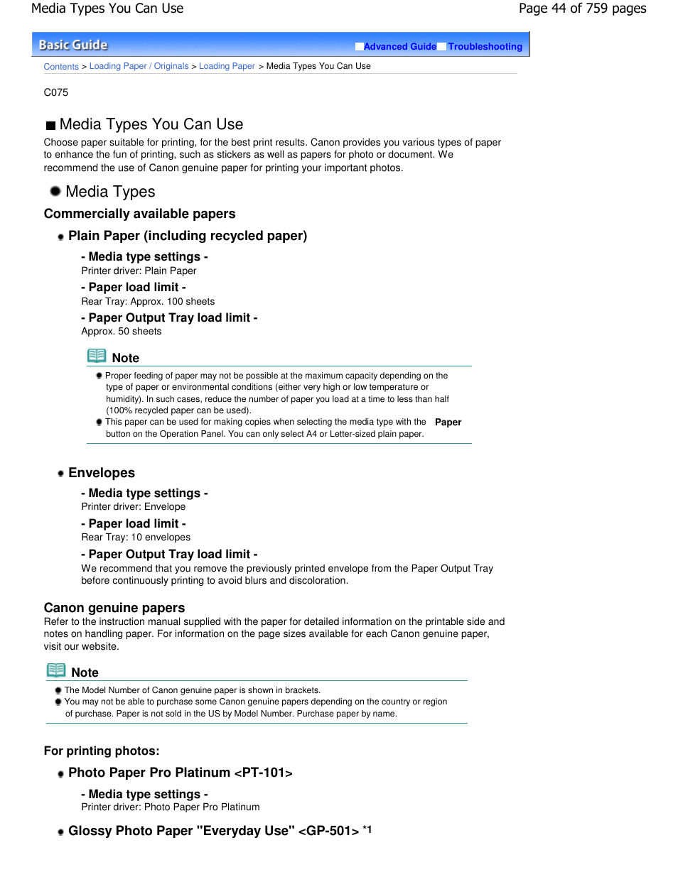 Media types, Media types you can use | Canon mp495 User Manual | Page 44 / 759