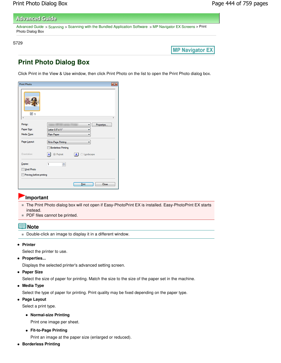 Print photo dialog box | Canon mp495 User Manual | Page 444 / 759