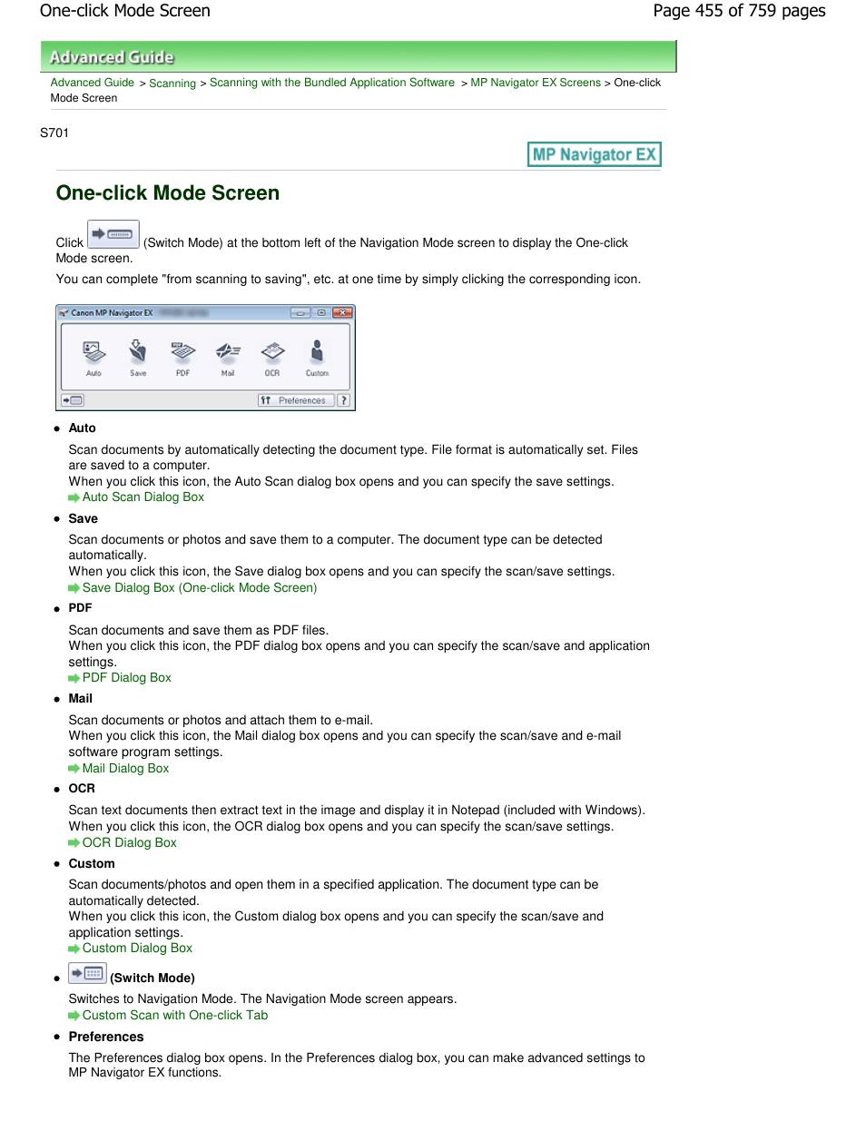 One-click mode screen | Canon mp495 User Manual | Page 455 / 759