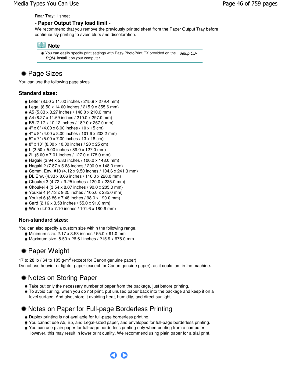 Page sizes, Paper weight | Canon mp495 User Manual | Page 46 / 759