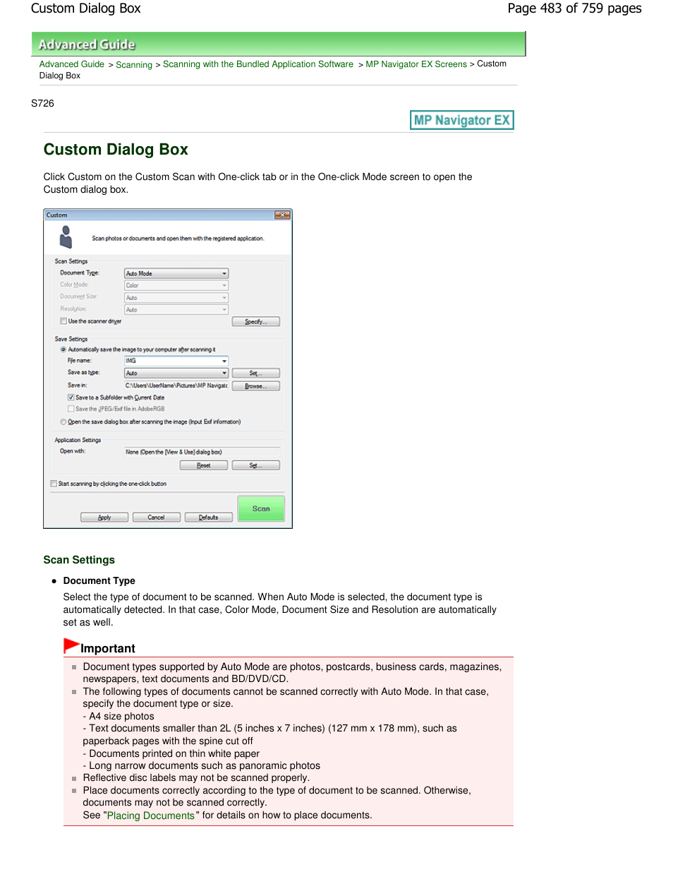 Custom dialog box | Canon mp495 User Manual | Page 483 / 759