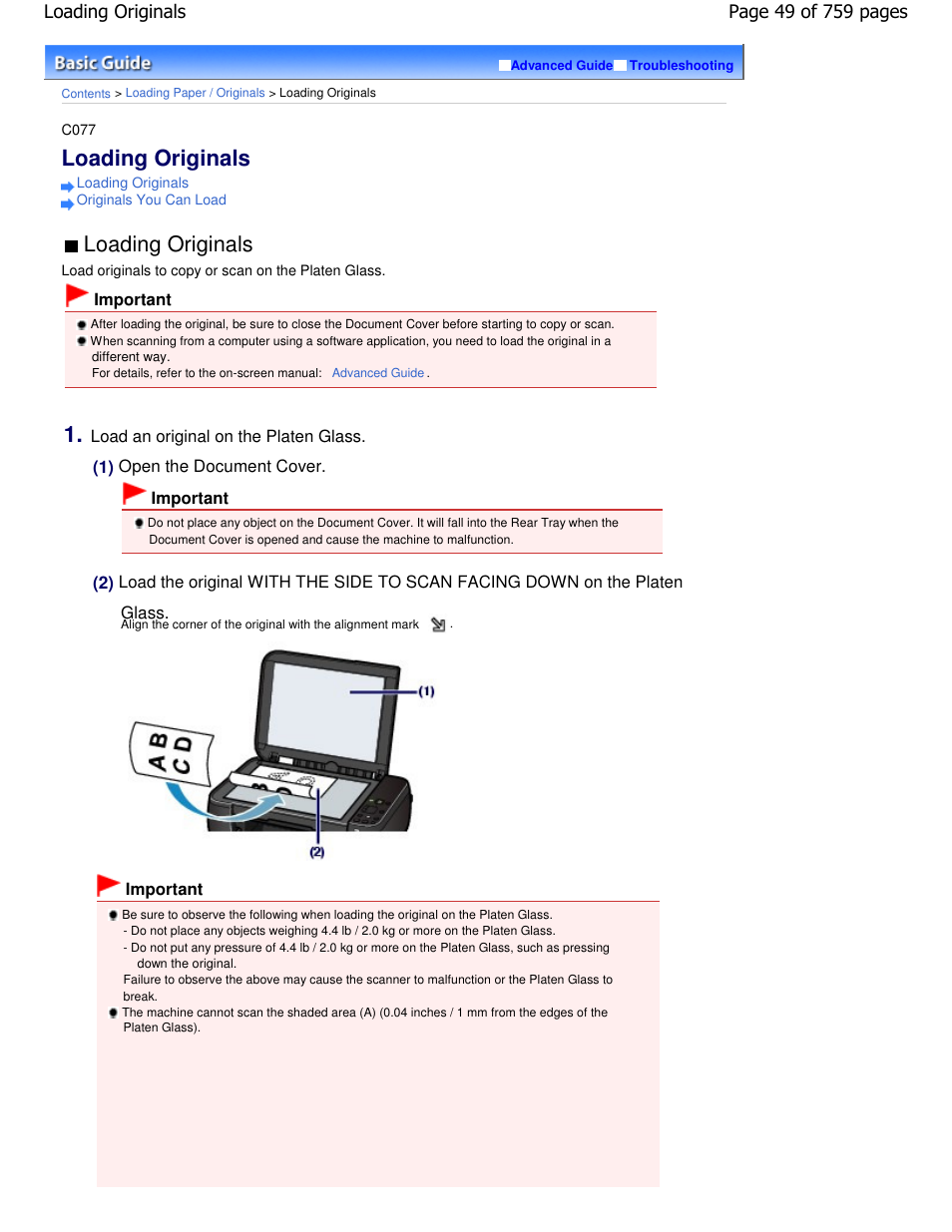 Loading originals | Canon mp495 User Manual | Page 49 / 759