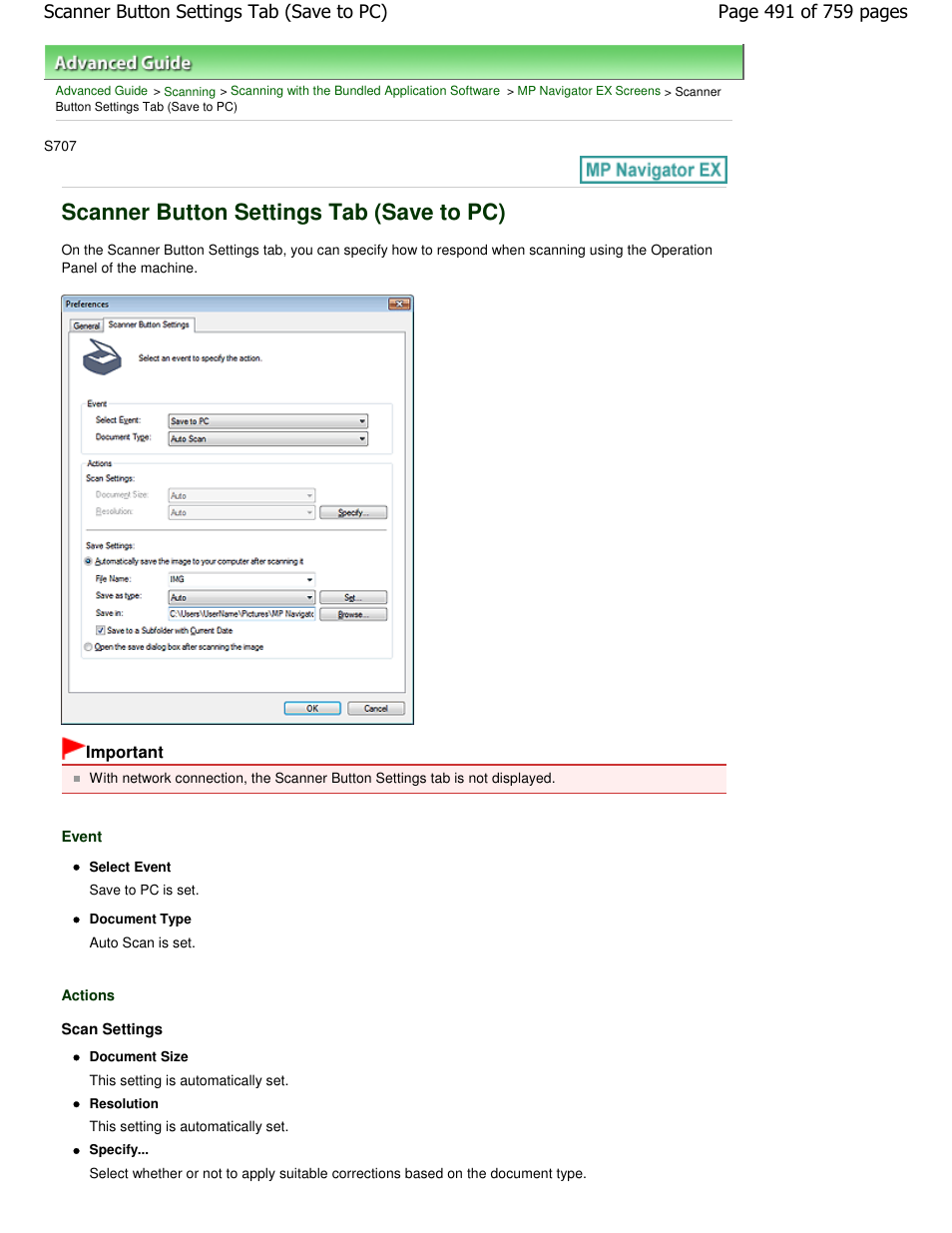 Scanner button settings tab (save to pc) | Canon mp495 User Manual | Page 491 / 759