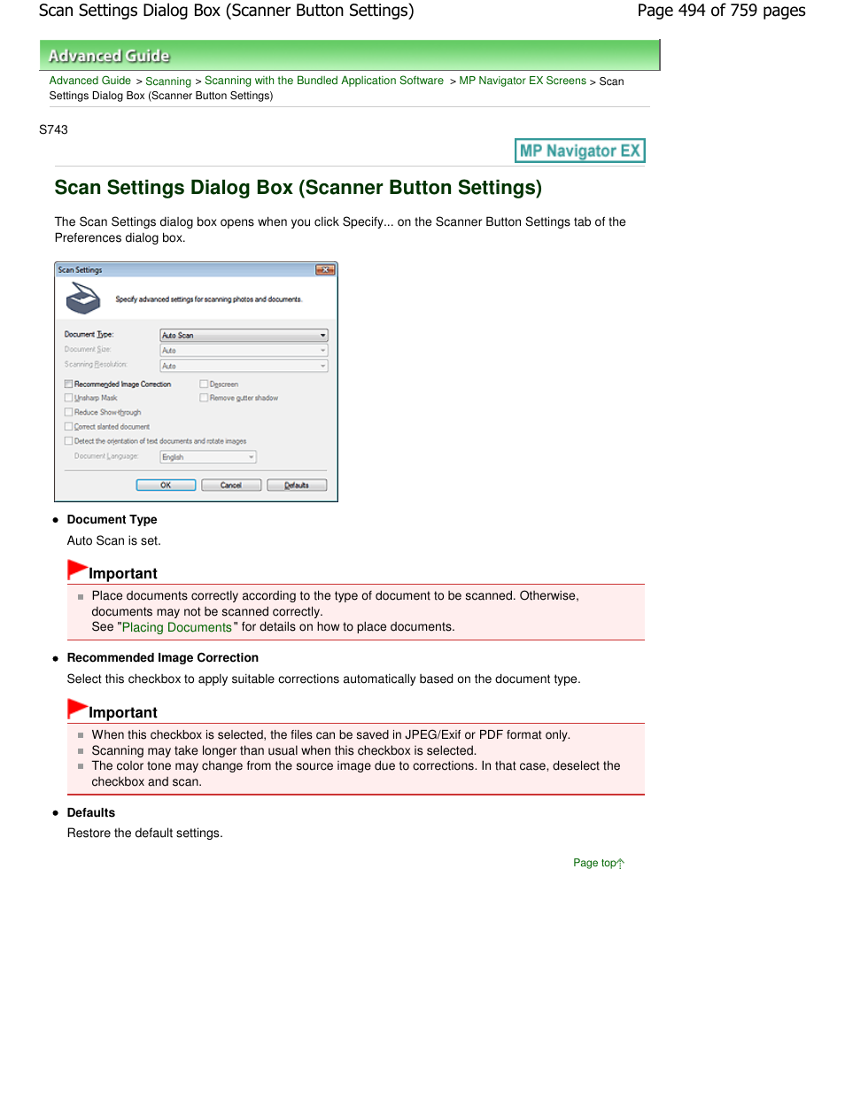 Scan settings dialog box (scanner button settings) | Canon mp495 User Manual | Page 494 / 759