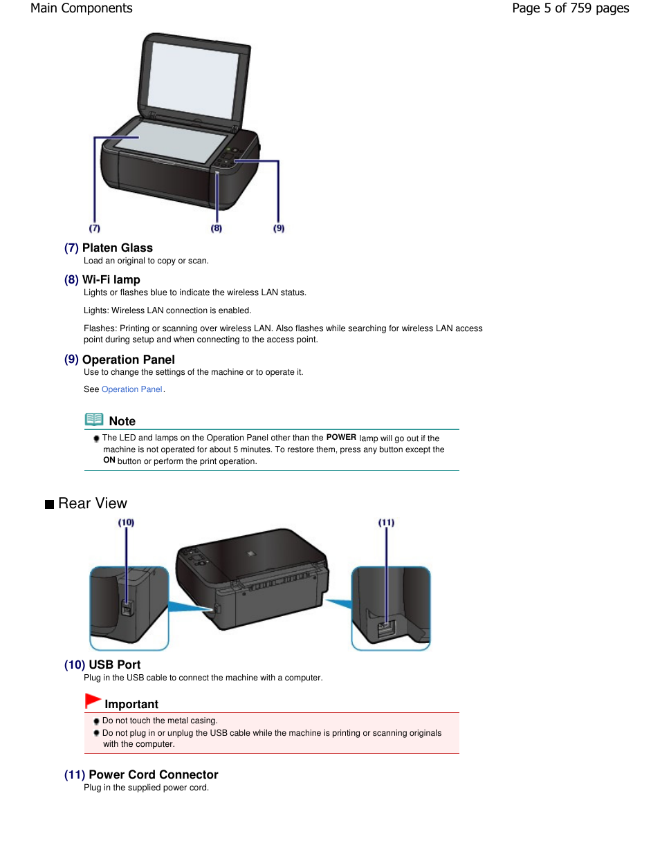 Rear view, Page 5 of 759 pages main components | Canon mp495 User Manual | Page 5 / 759
