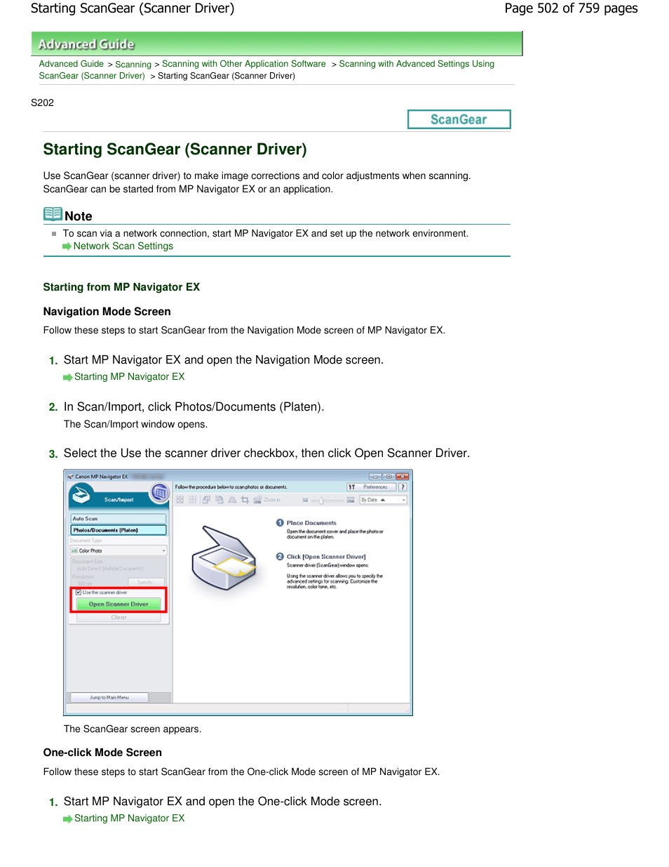 Starting scangear (scanner driver) | Canon mp495 User Manual | Page 502 / 759