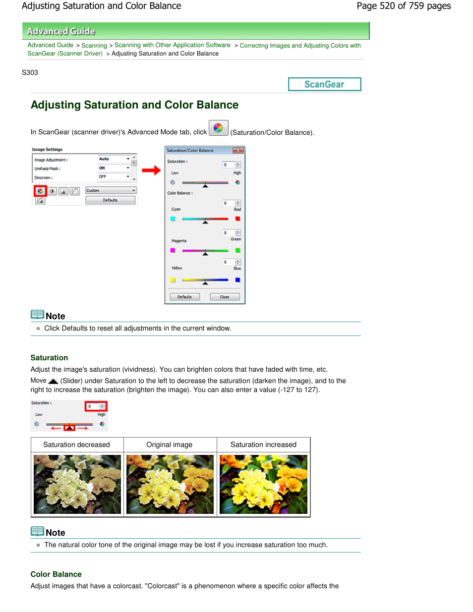 Adjusting saturation and color balance | Canon mp495 User Manual | Page 520 / 759
