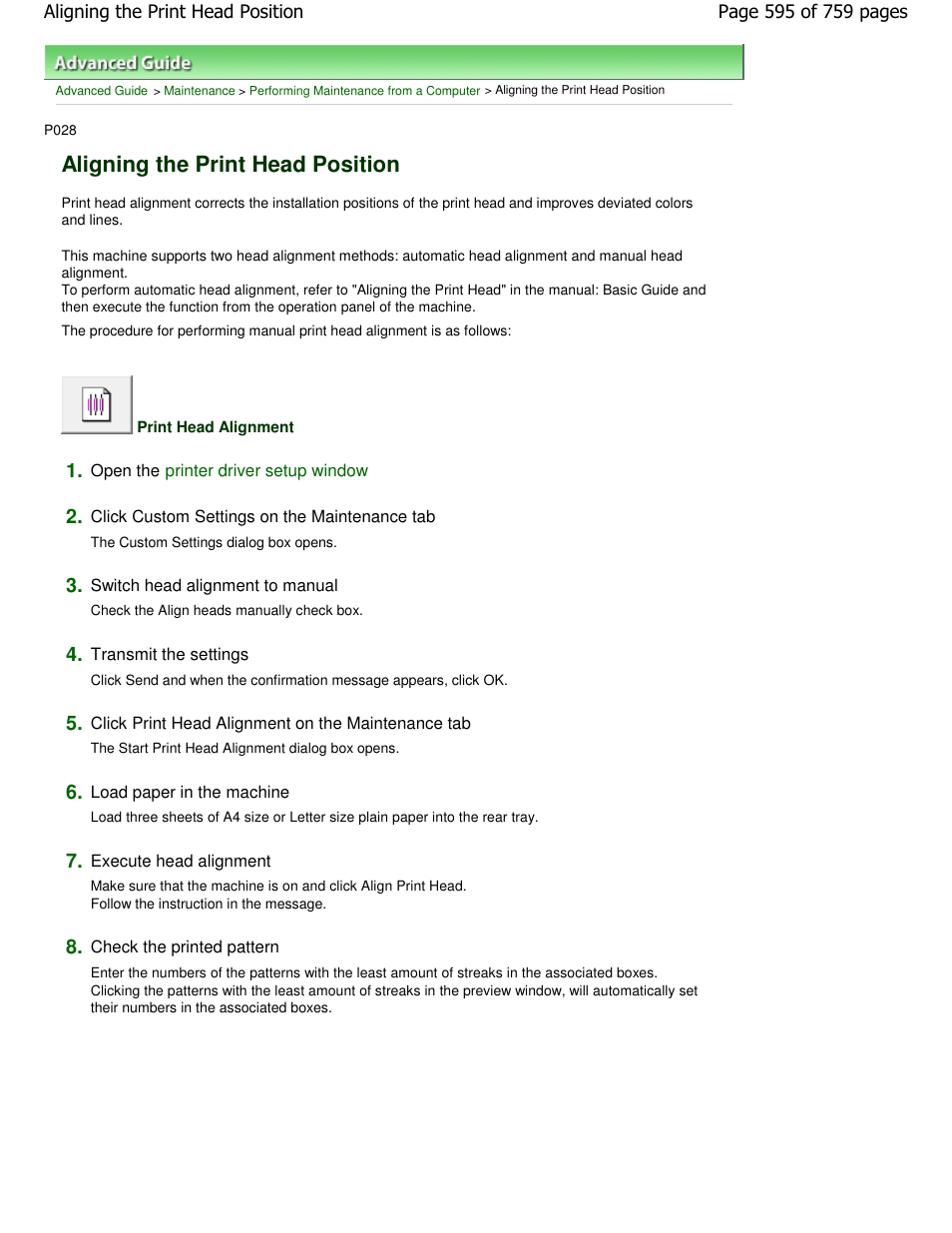 Aligning the print head position | Canon mp495 User Manual | Page 595 / 759