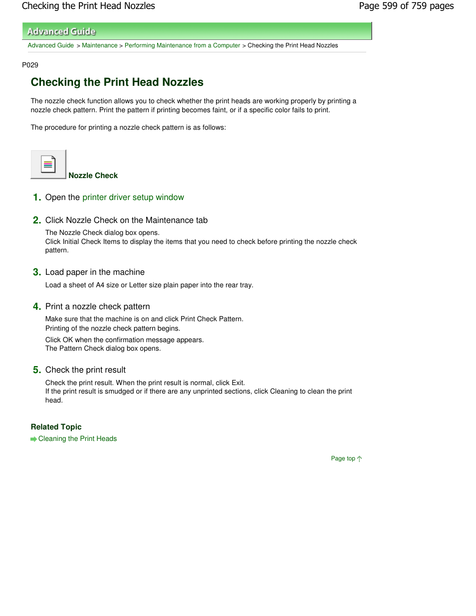 Checking the print head nozzles | Canon mp495 User Manual | Page 599 / 759