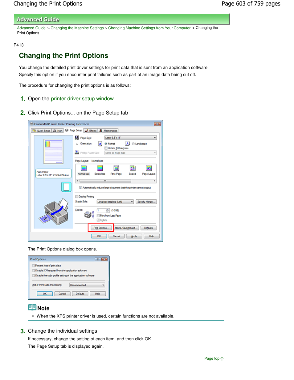 Changing the print options | Canon mp495 User Manual | Page 603 / 759