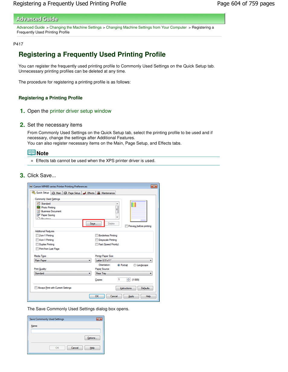 Registering a frequently used printing profile | Canon mp495 User Manual | Page 604 / 759