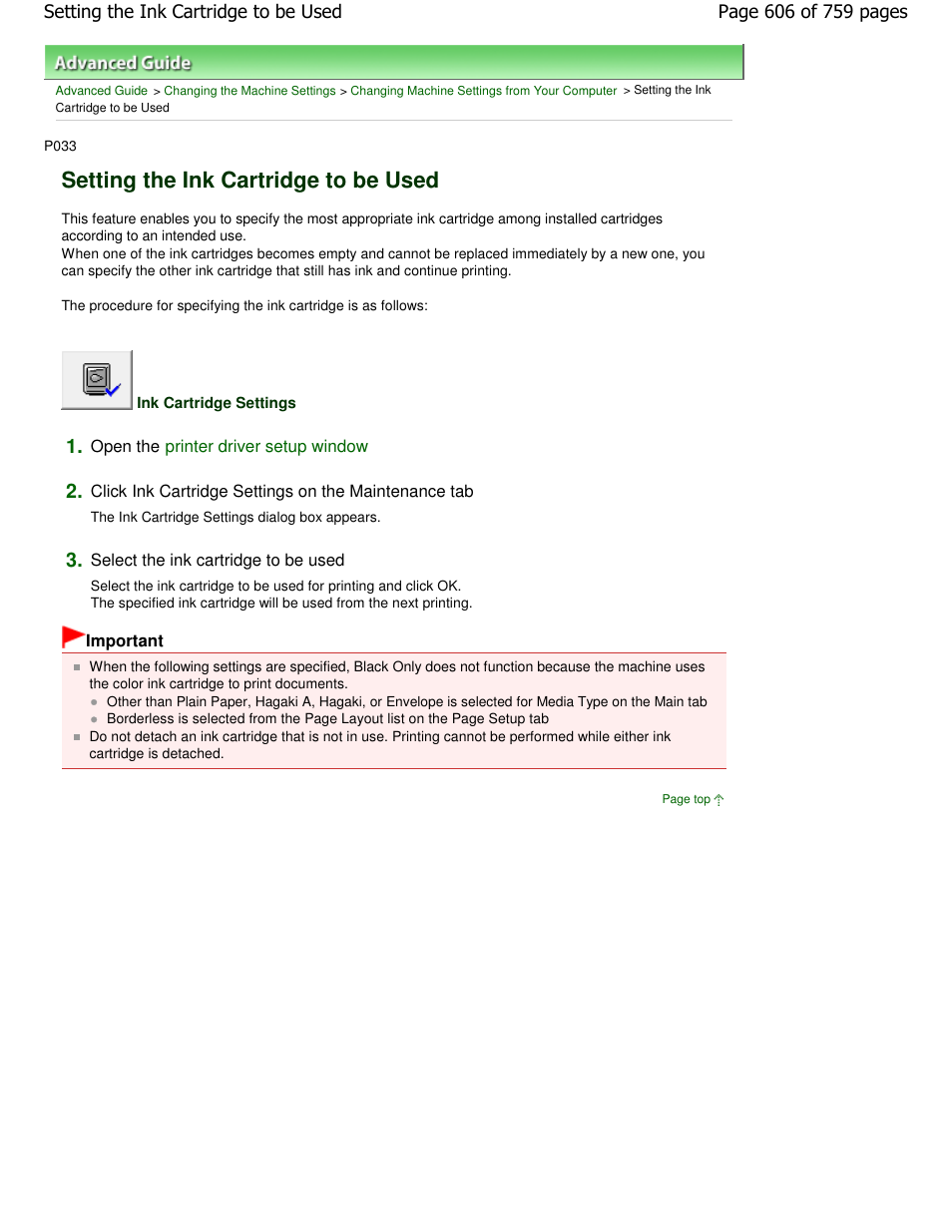Setting the ink cartridge to be used | Canon mp495 User Manual | Page 606 / 759