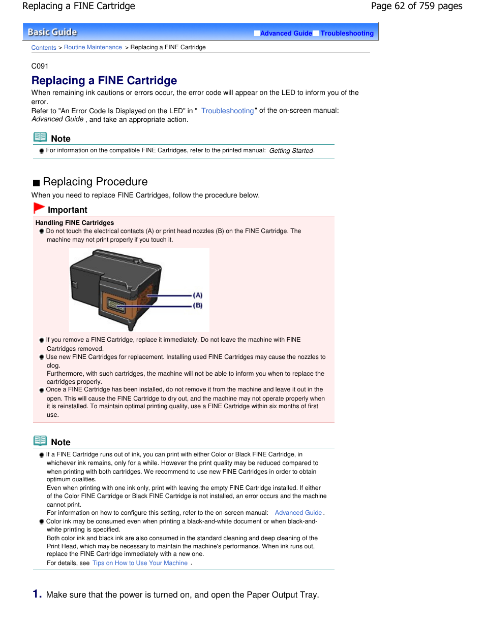 Replacing a fine cartridge, Replacing procedure | Canon mp495 User Manual | Page 62 / 759