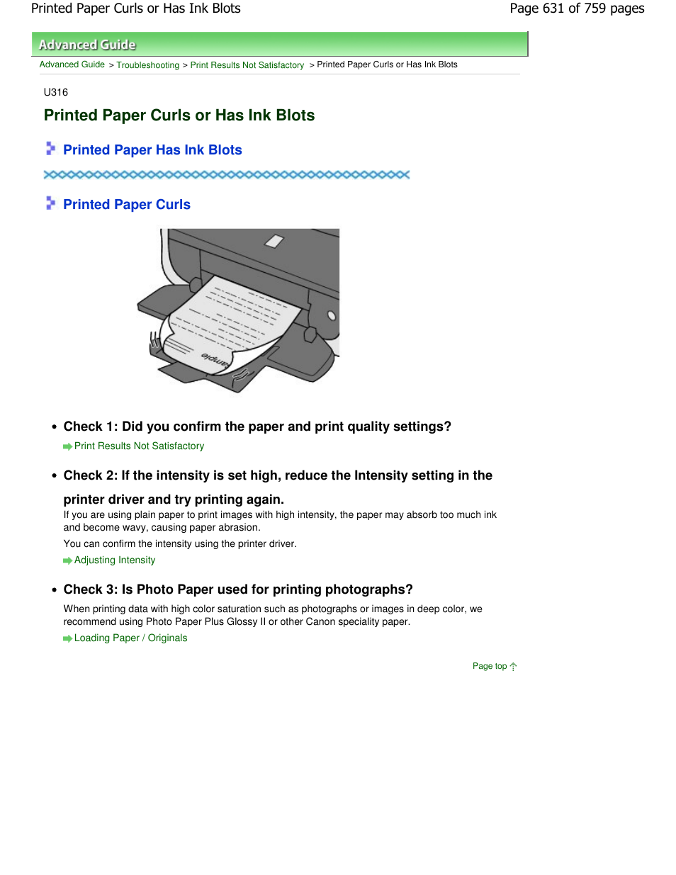 Printed paper curls or has ink blots, Printed paper has ink blots printed paper curls | Canon mp495 User Manual | Page 631 / 759