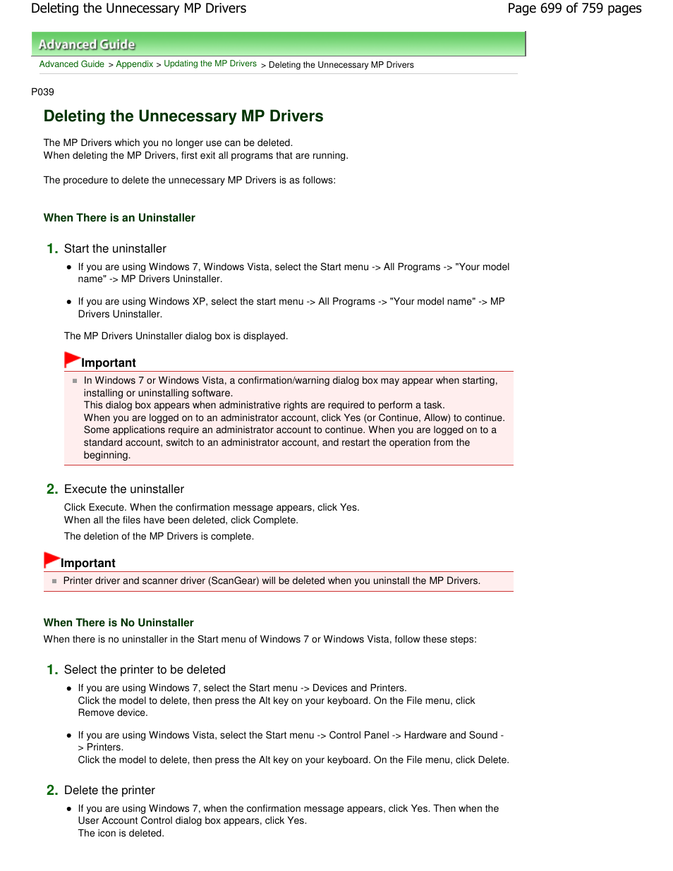 Deleting the unnecessary mp drivers | Canon mp495 User Manual | Page 699 / 759